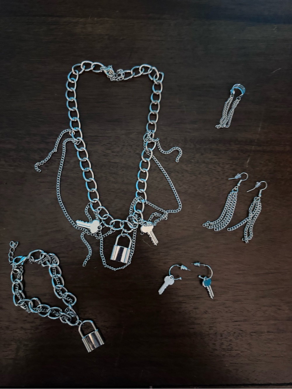 Silver Padlock and Key Layered Necklace Set